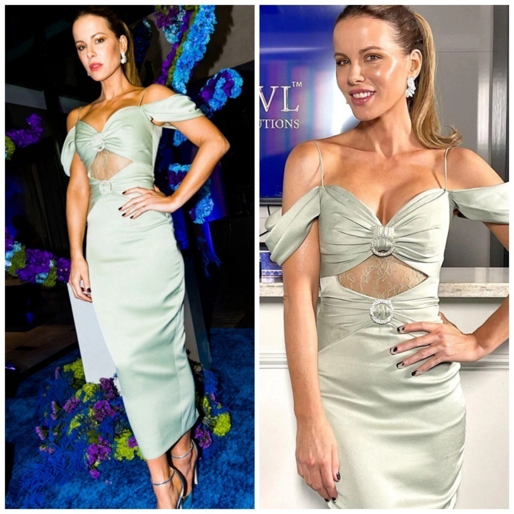 Rasario Cut Out Off the Shoulder Midi Dress Green Satin Cocktail Formal Evening